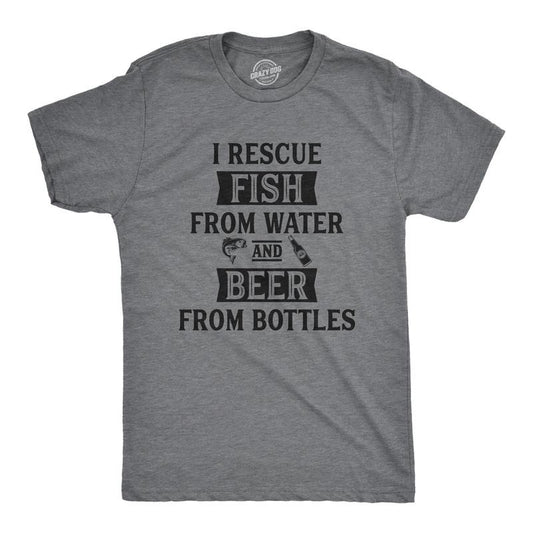 Mens I Rescue Fish From Water and Beer From Bottles T Shirt Funny Fishing Drinking Tee Mens Funny T Shirts Cool Tees Soft Stylish Casual Menswear Beer Apparel for Men Funny Fishing Short Sleeve Dark Grey