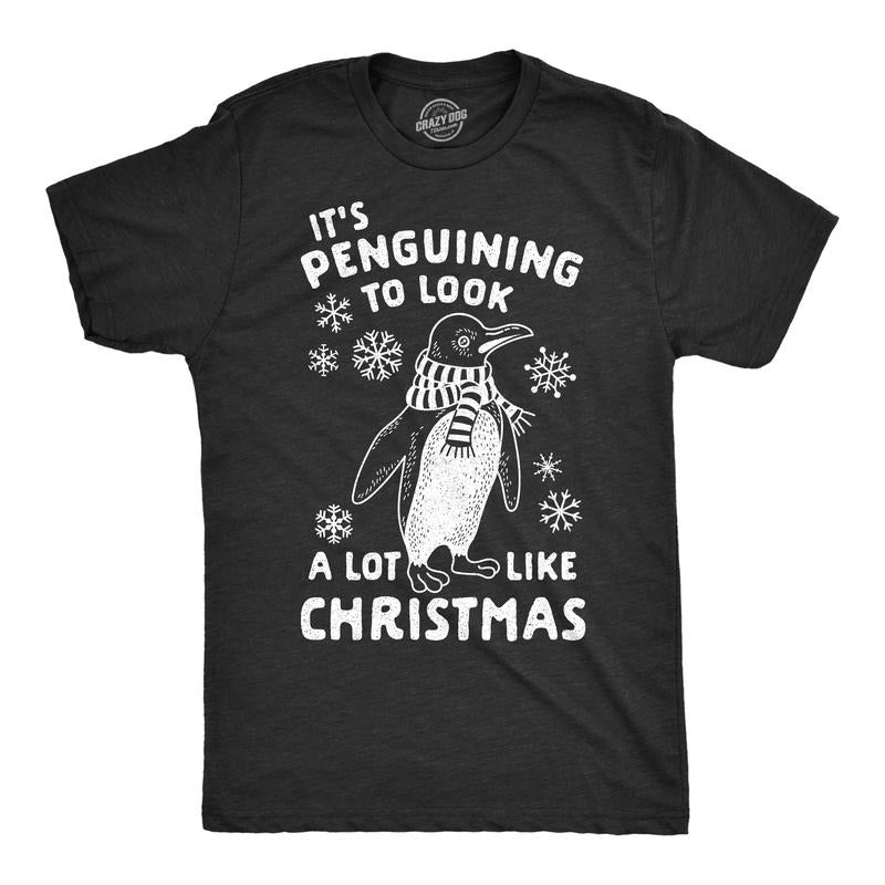 Mens It's Penguining To Look A Lot Like Christmas T Shirt Funny Holiday Penguin Xmas Tee Mens Funny T Shirts Cool Tees Soft Stylish Casual Menswear Christmas Apparel for Men Novelty Tees for Guys Black -