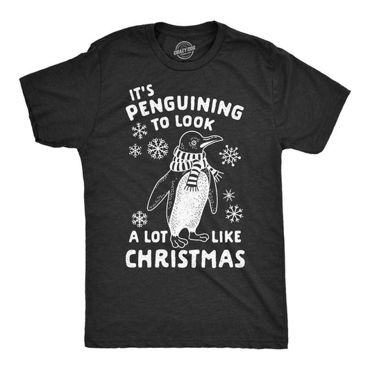 Mens It's Penguining To Look A Lot Like Christmas T Shirt Funny Holiday Penguin Xmas Tee Mens Funny T Shirts Cool Tees Soft Stylish Casual Menswear Christmas Apparel for Men Novelty Tees for Guys Black -