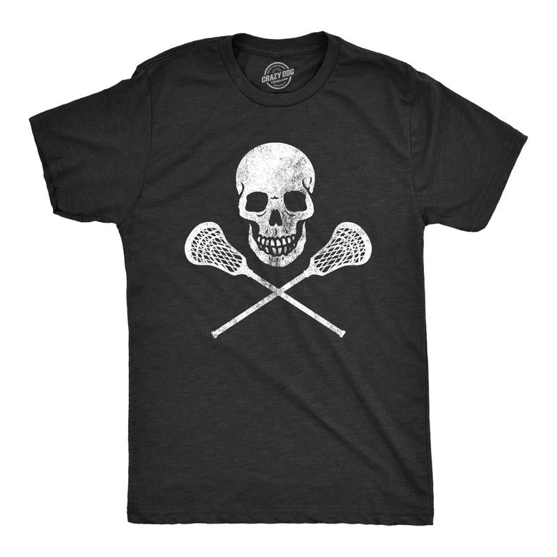Mens Lacrosse Skull T Shirt Funny Lax Sports Skull And Crossbones Graphic Novelty Tee Mens Funny T Shirts Cool Tees Soft Stylish Casual Menswear Funny  Short Sleeve Novelty Tees for Guys Black