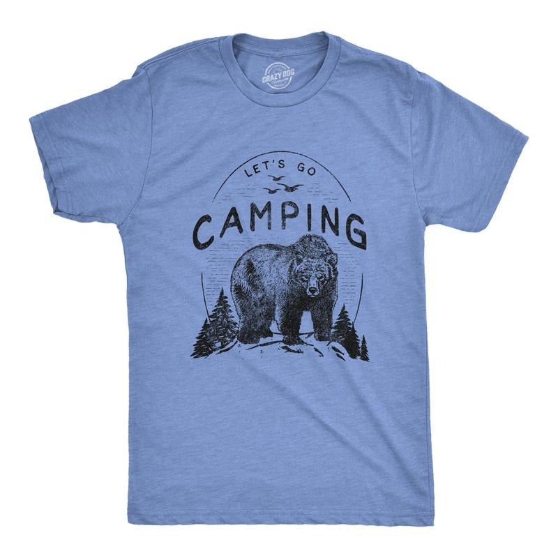 Mens Lets Go Camping T Shirt Funny Bear Outdoors Hiking Vintage Novelty Tee Mens Funny T Shirts Cool Tees Soft Stylish Casual Menswear Light Blue
