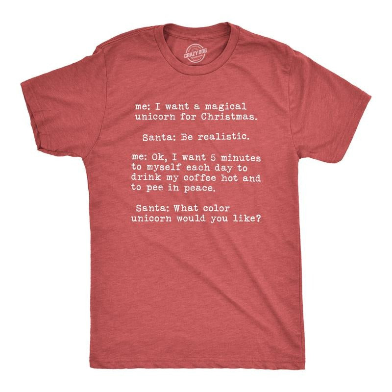 Mens Magical Unicorn for Christmas T Shirt Hilarious Holiday Tee Mens Funny T Shirts Cool Tees Soft Stylish Casual Menswear Christmas Apparel for Men Novelty Tees for Guys Red