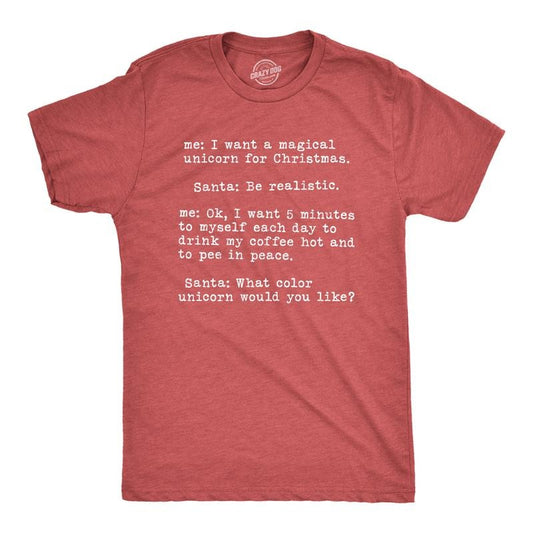 Mens Magical Unicorn for Christmas T Shirt Hilarious Holiday Tee Mens Funny T Shirts Cool Tees Soft Stylish Casual Menswear Christmas Apparel for Men Novelty Tees for Guys Red