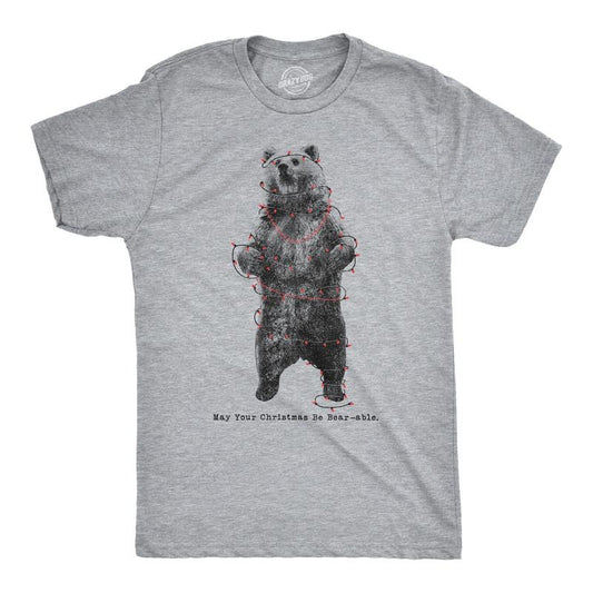 Mens May Your Christmas Be Bearable T Shirt Funny Holiday Lights Tee For Guys Mens Funny T Shirts Cool Tees Soft Stylish Casual Menswear Christmas Apparel for Men Novelty Tees for Guys Light Grey