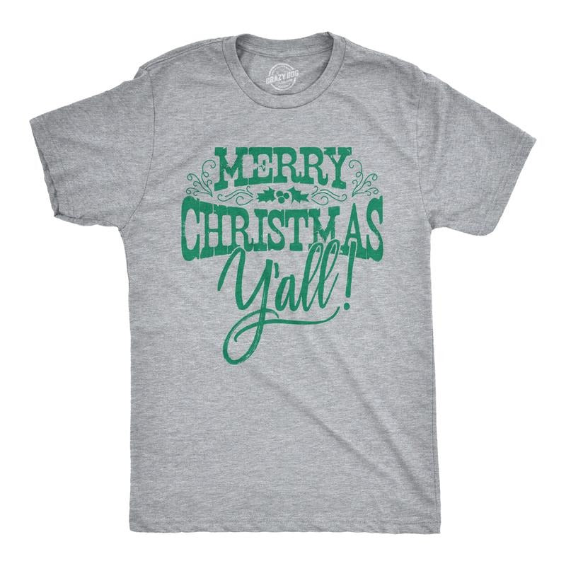 Mens Merry Christmas Yall T Shirt Cute Holiday Tee For Guys Mens Funny T Shirts Cool Tees Soft Stylish Casual Menswear Christmas Apparel for Men Novelty Tees for Guys Light Grey