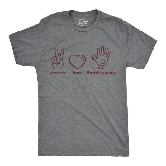Mens Peace Love Thanksgiving Tshirt Funny Cute Turkey Day Graphic Tee Mens Funny T Shirts Cool Tees Soft Stylish Casual Menswear Thanksgiving T Shirt for Men Novelty Tees for Men Dark Grey