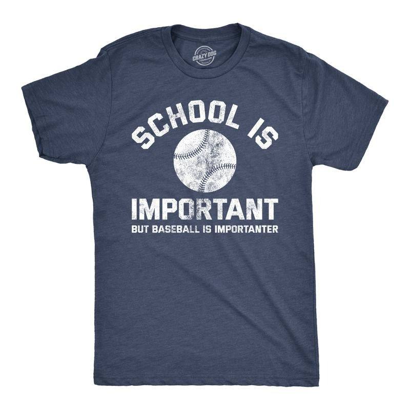 Mens School Is Important But Baseball Is Importanter T Shirt Funny Sports Tee Mens Funny T Shirts Cool Tees Soft Stylish Casual Menswear Funny Baseball Short Sleeve Novelty Tees for Guys Navy