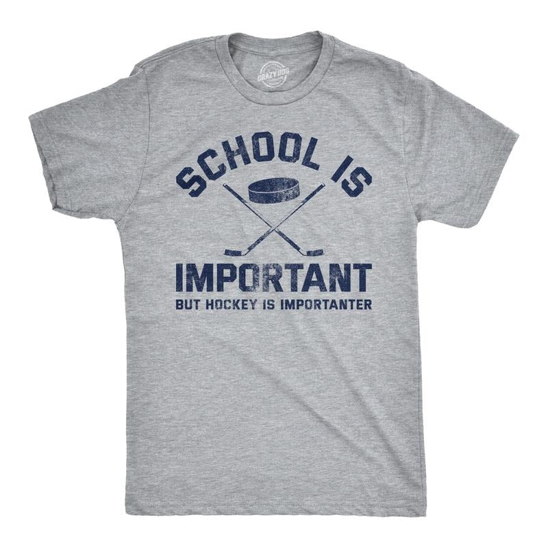 Mens School Is Important But Hockey Is Importanter T Shirt Funny Sports Tee Mens Funny T Shirts Cool Tees Soft Stylish Casual Menswear Funny Hockey Short Sleeve Novelty Tees for Guys Light Grey