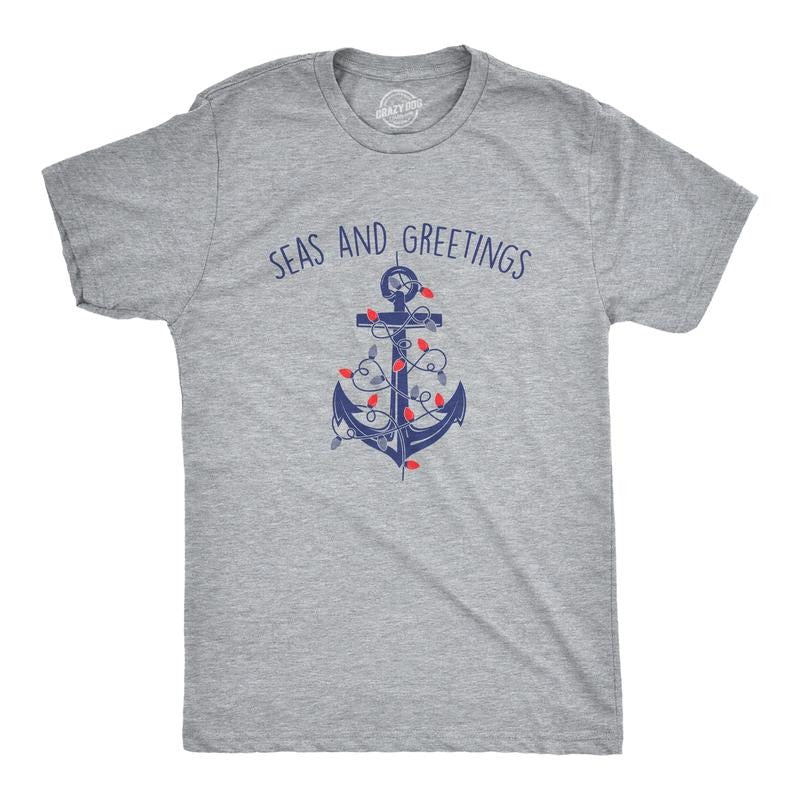 Mens Seas and Greetings T Shirt Funny Xmas Lights Sailing Anchor Joke Tee for Guys Mens Funny T Shirts Cool Tees Soft Stylish Casual Menswear Christmas Apparel for Men Funny Sarcastic Short Sleeve Light Grey