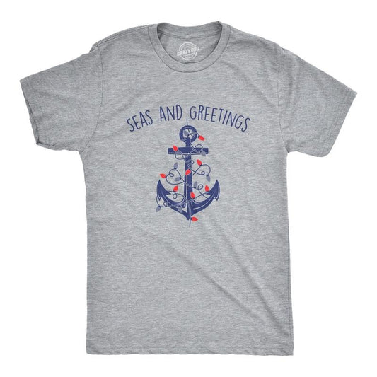 Mens Seas and Greetings T Shirt Funny Xmas Lights Sailing Anchor Joke Tee for Guys Mens Funny T Shirts Cool Tees Soft Stylish Casual Menswear Christmas Apparel for Men Funny Sarcastic Short Sleeve Light Grey