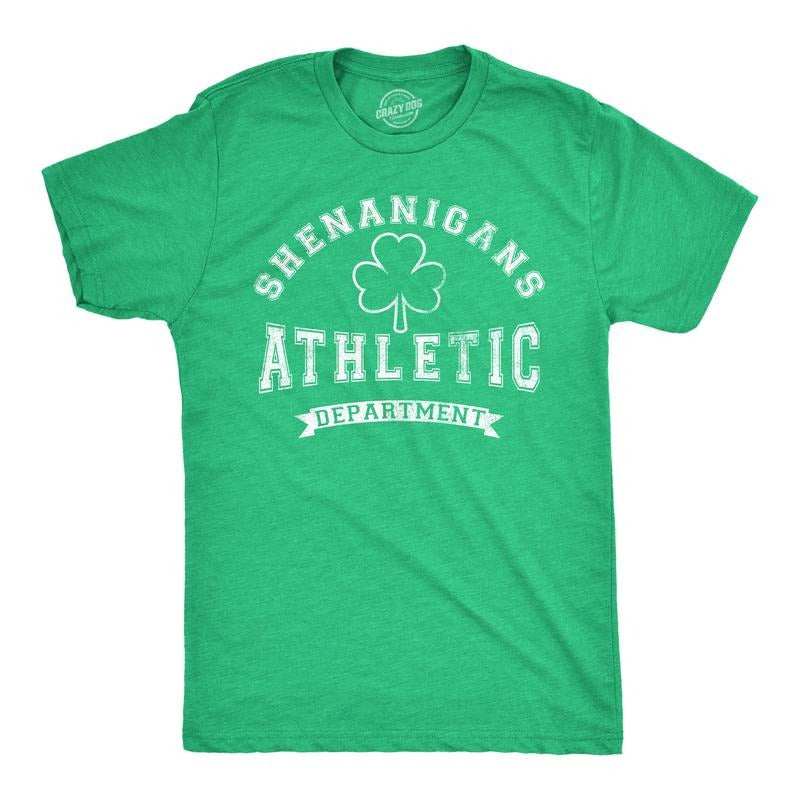 Mens Tee Shenanigans Athletic Department Funny St Patricks Day Graphic T Shirt Mens Funny T Shirts Cool Tees Soft Stylish Casual Menswear Saint Patrick's Day Apparel for Men Funny Sarcastic Short Green -