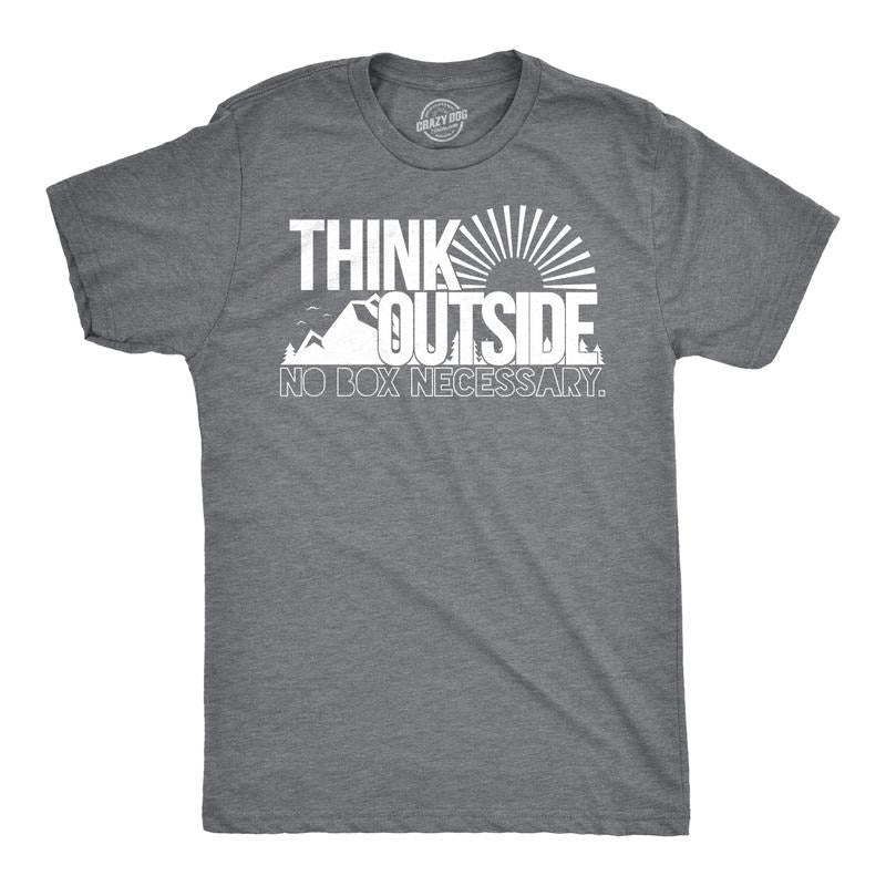 Mens Think Outside Funny No Box Necessary Hiking Camping Vintage Graphic T shirt Mens Funny T Shirts Cool Tees Soft Stylish Casual Dark Grey