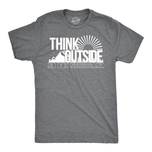 Mens Think Outside Funny No Box Necessary Hiking Camping Vintage Graphic T shirt Mens Funny T Shirts Cool Tees Soft Stylish Casual Dark Grey