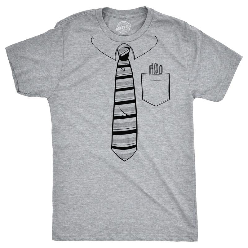 Mens Tie With Pocket Of Pens T Shirt Funny Fake Office Work Attire Joke Tee for Guys Mens Funny T Shirts Cool Tees Soft Stylish Casual Light Grey