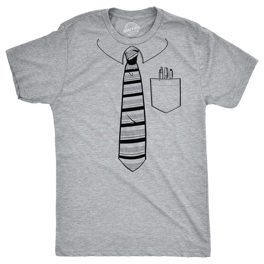 Mens Tie With Pocket Of Pens T Shirt Funny Fake Office Work Attire Joke Tee for Guys Mens Funny T Shirts Cool Tees Soft Stylish Casual Light Grey