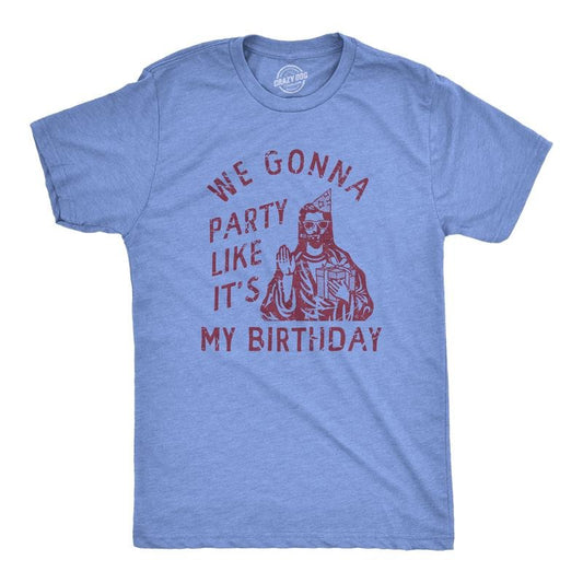 Mens We Gonna Party Like Its My Birthday T Shirt Funny Jesus Christmas Joke Tee for Guys Mens Funny T Shirts Cool Tees Soft Stylish Casual Menswear Christmas Apparel for Men Funny Sarcastic Short Light Blue