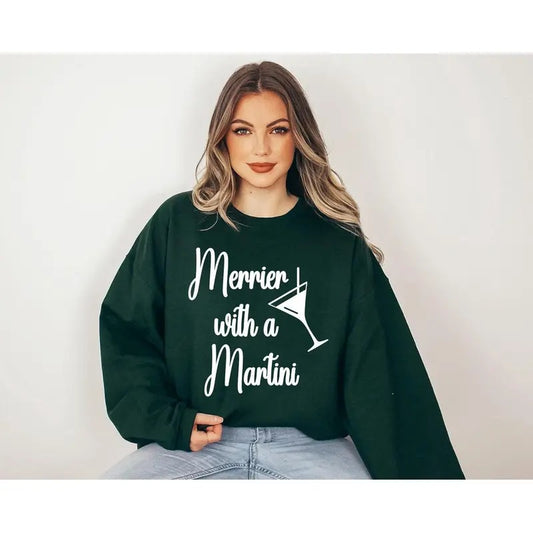 Merrier With A Martini Sweater, Trendy Christmas Crewneck, Winter Sweatshirt, Martini Design Pullover, Trendy Christmas Holiday Party Crew