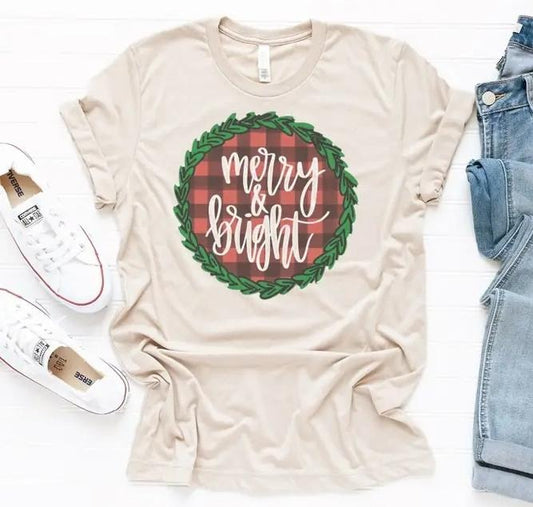 Merry Bright T-Shirt Christmas Wreath Tshirt Jolly Holiday Tee Merry Plaid T-Shirt Bright Wreath Tshirt Xmas Plaid Tee