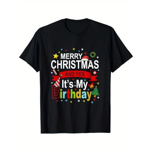 Merry Christmas & My Birthday" Funny Tee - Soft Polyester, Black Short Sleeve Shirt for Men, Perfect Gift for Holidays & Birthdays, Sizes S-XXXL made in usa
