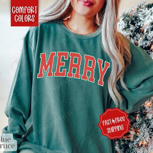 Merry Christmas Comfort Colors Sweatshirt, Xmas Sweater Womenswear, Holiday Crewneck