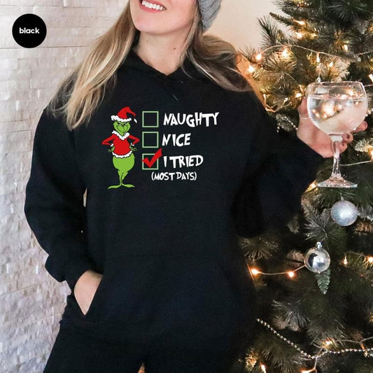 Merry Christmas Grinch Hoodies, Sarcastic Christmas Hoodie, Holiday Outfit, Christmas Grinch Long Sleeve Hoodie Cotton Sweatshirt