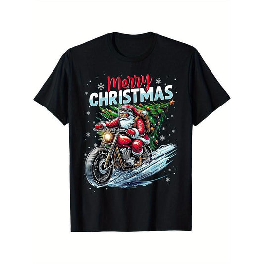 Merry Christmas Santa Riding motorcycle Rider Christmas Christmas T-shirt Black casual short sleeved men's sports T-shirt made in usa