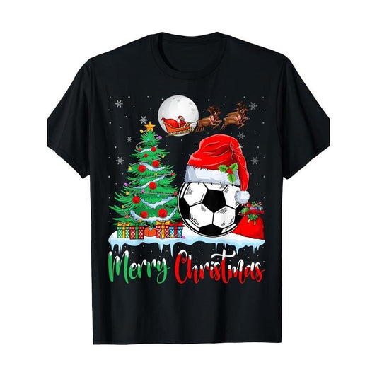 Merry Christmas Soccer Ball T-Shirt with Santa Hat - 100% Cotton, Casual Fit, Machine Washable - Perfect for All Seasons made in usa