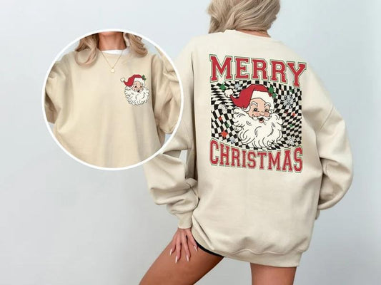 Merry Christmas Sweatshirt, Retro Chrismas Sweater, Santa Claus Sweatshirt, Santa Face Sweater, Fornt and Back Christmas Hoodie Holiday Gift