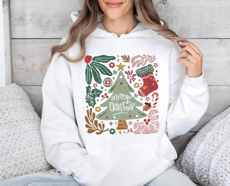 Merry Christmas Tree Sweatshirt, Retro Vintage Christmas Shirt, Hoodie , Unisex Sweater Pullover Tee Cotton Fit Polyester