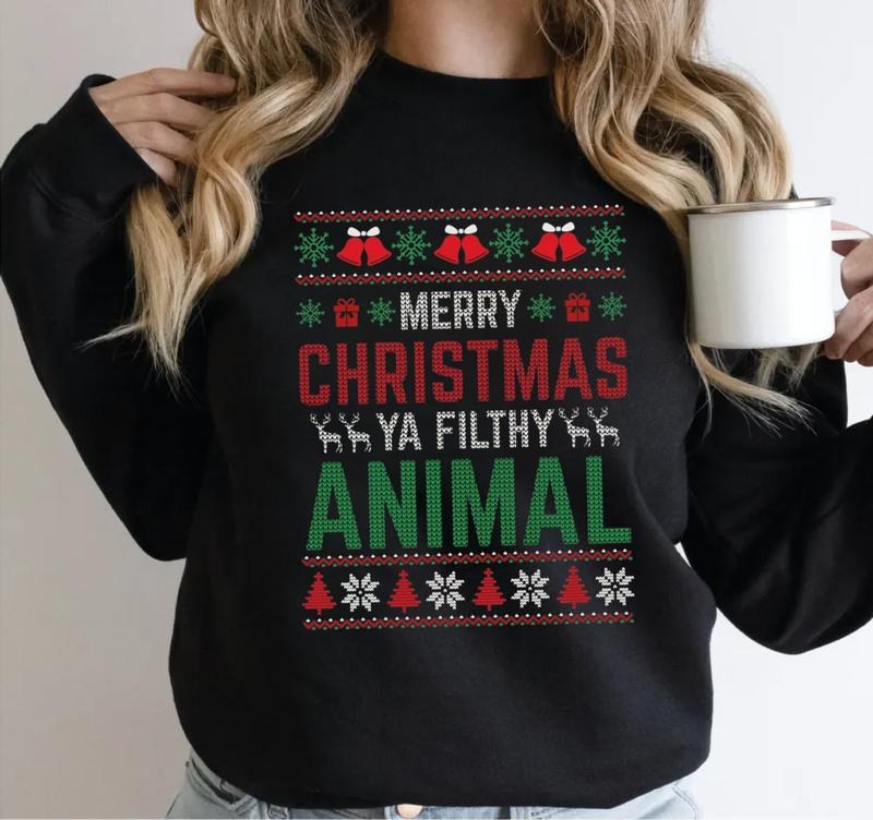 Merry Christmas Ya Filthy Animal Sweatshirt, Ugly Christmas Sweate, Funny Holiday Tee, Retro Xmas Crewneck , Unisex Long Sleeve Crewneck Shirt