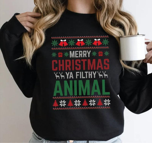 Merry Christmas Ya Filthy Animal Sweatshirt, Ugly Christmas Sweate, Funny Holiday Tee, Retro Xmas Crewneck , Unisex Long Sleeve Crewneck Shirt