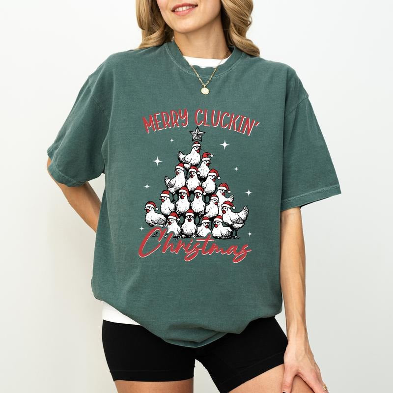 Merry Cluckin' Christmas Chickens T-shirt Comfort Colors, Farm Animals Tshirt, Chicken Xmas Tree Shirt, Farmhouse Tee, Holiday Gift Ideas for Girls