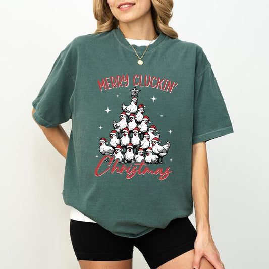 Merry Cluckin' Christmas Chickens T-shirt Comfort Colors, Farm Animals Tshirt, Chicken Xmas Tree Shirt, Farmhouse Tee, Holiday Gift Ideas for Girls