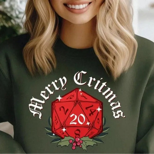 Merry Critmas Sweater, Dungeons and Dragons Sweatshirt, Christmas Party Sweatshirt For DnD Fans, D20 Dice Xmas, Critical Roll, Dungeon Master Sweatshirt