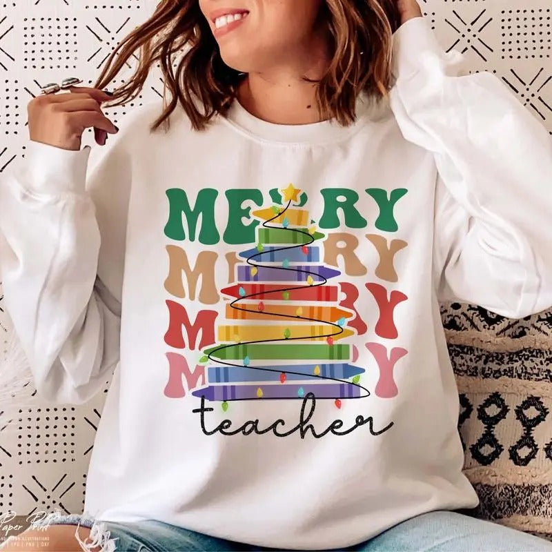Merry Teacher T-Shirt, Teacher Christmas Sweatshirt, Christmas Gifts for Teachers, Merry Christmas Clothing, Unisex