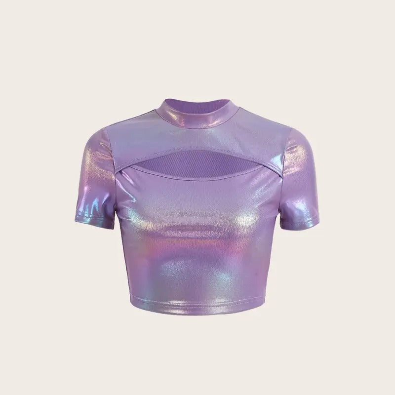 Metallic Crop Tee Top Cut Out Mock Neck Short Sleeve Glitter T Shirt