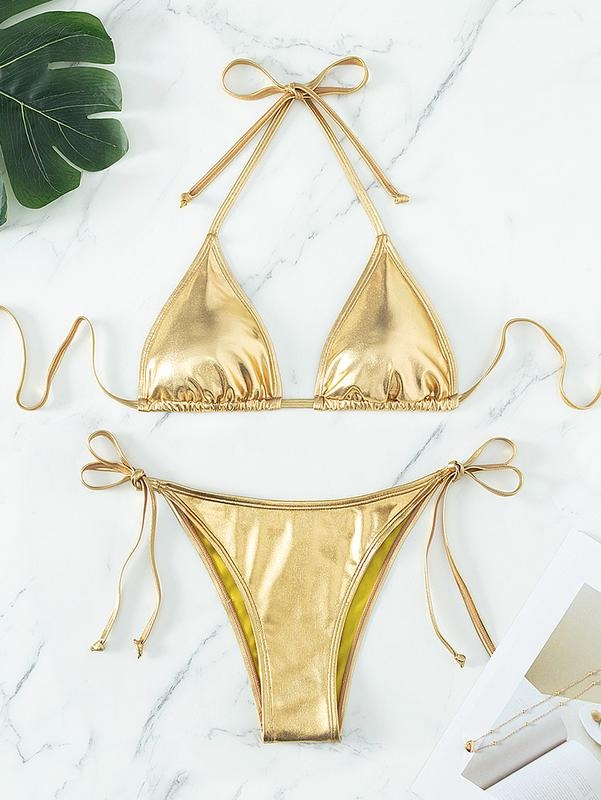 Metallic Triangle Bikini Top Halter Tie Side bathingsui Set 2 Piece Bathing SuitsY2K