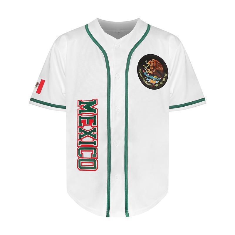 Mexico Men's Letter & Figure Patched Button Short Sleeve Sports Jersey, Loose Breathable Soft Comfort V Neck Top for Baseball, Outdoor Clothing for Soccer Team Birthday Gifts party.
