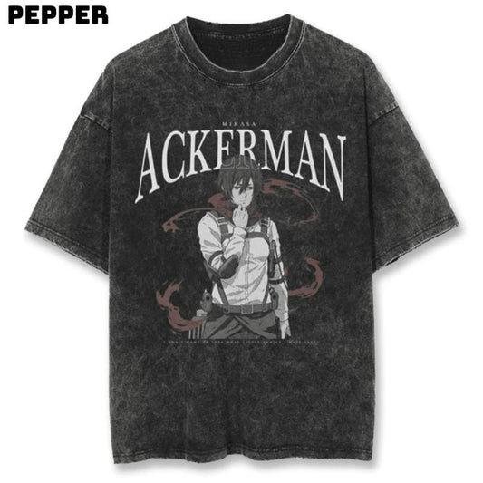 Mikasa Ackerman Washed Vintage Tee, Anime Shirt, Anime Merch, Mikasa Ackerman Shirt, Mikasa Ackerman Merch, Anime Graphic Shirt, Trendy Shirt, Gift For Fan Anime, Gift For Man And Gift For Women Menswear Top Streetwear T-Shirt Human Tropical