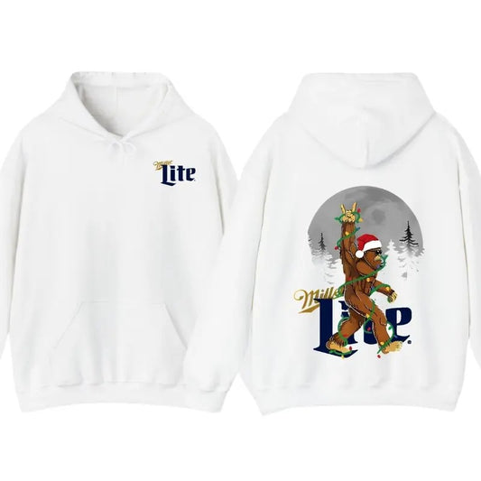 Miller Lite Bigfoot Christmas Hoodie T-Shirt, Fun Holiday Design With Santa Hat and Christmas Lights, For Men And Women, Unisex Hoodie