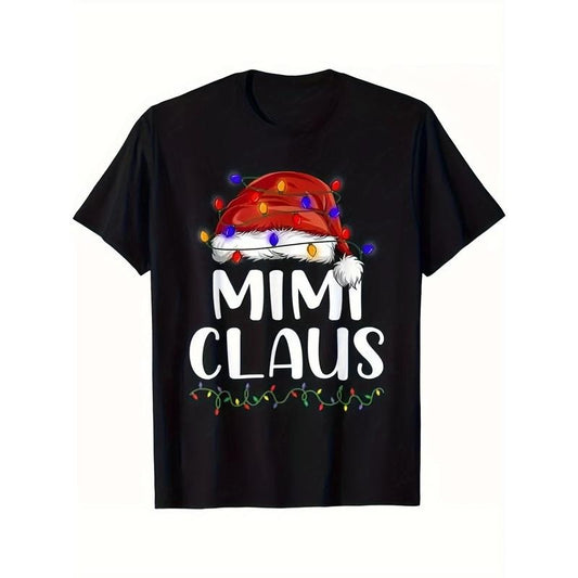 Mimi Claus Christmas T-Shirt | 100% Cotton Knit Fabric | Casual Crew Neck | All-Season Slight Stretch Regular Fit | Adult Festive Holiday Tee made in usa