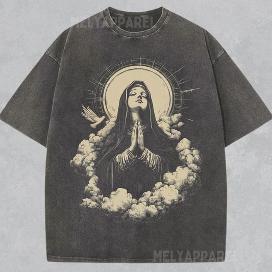 [ Mineral Wash ] Christian Shirt Virgin Mary Graphic Tshirt Faith Unisex Tee Christmas Or Easter Washed Gift Holy Spirit Prayer Church TShirt