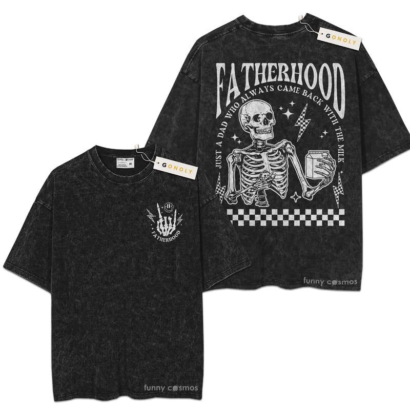 [ Mineral Wash ] Fathers Day, Skeleton Just A Dad Who Always Came Back With The Milk Shirt Dad Rock, Father Life Washed Tee
