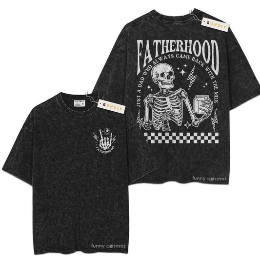 [ Mineral Wash ] Fathers Day, Skeleton Just A Dad Who Always Came Back With The Milk Shirt Dad Rock, Father Life Washed Tee