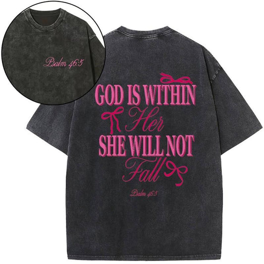 [ Mineral Wash ] God Is Within Her She Will Not Fall Bow Coquette Chrsitian Washed TShirt Jesus Graphic Washed Style Shirt