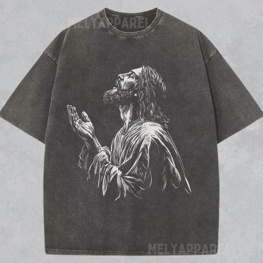 [ Mineral Wash ] Jesus Christ Praying Shirt Retro Style Christian Tshirt Vintage Tee Unisex Crewneck Church Apparel Christmas Faith Washed Gift