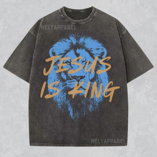 [ Mineral Wash ] Jesus Is King Christian Shirt Faith Streetwear Unisex Tee Religious Washed Gift For Him Or Her Bible Verse Tshirt Lion Apparel