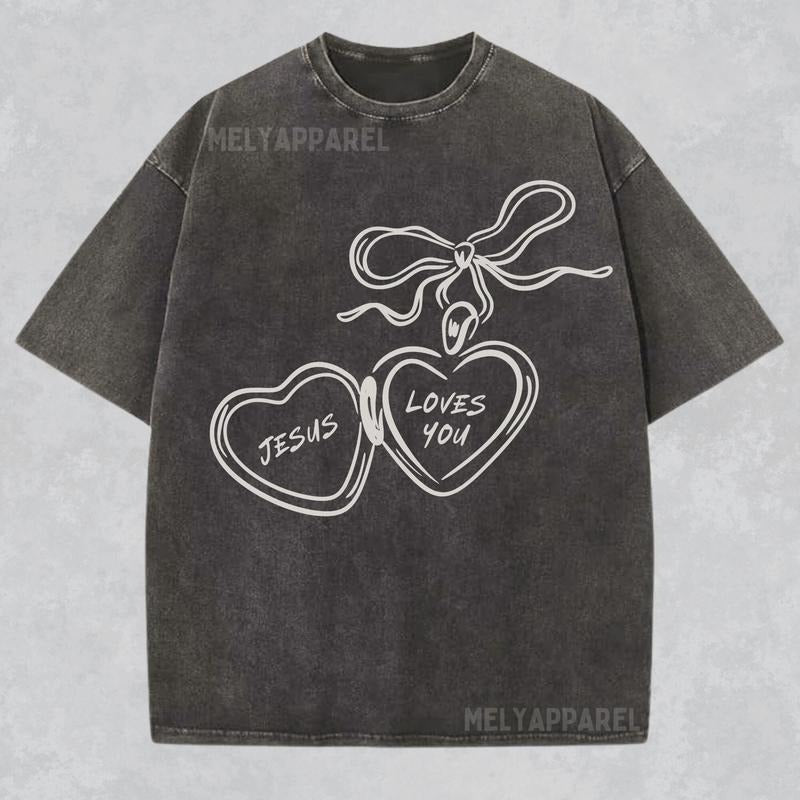 [ Mineral Wash ] Jesus Loves You Shirt Modest Christian Tee Coquette Crewneck Bible Verse Tshirt Faith Streetwear Religious Washed Gift For Her