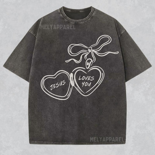 [ Mineral Wash ] Jesus Loves You Shirt Modest Christian Tee Coquette Crewneck Bible Verse Tshirt Faith Streetwear Religious Washed Gift For Her