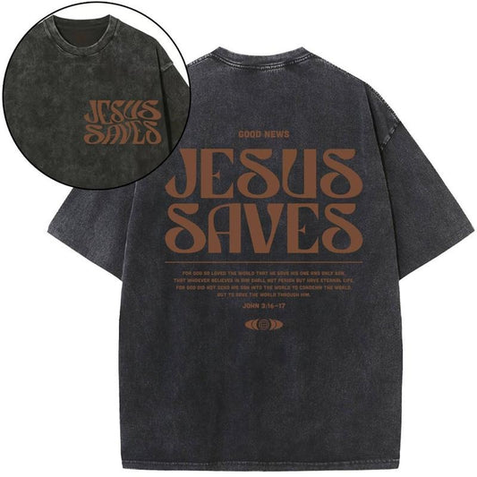 [ Mineral Wash ] Jesus Saves Christian Washed TShirt Jesus Graphic Washed Style Shirt